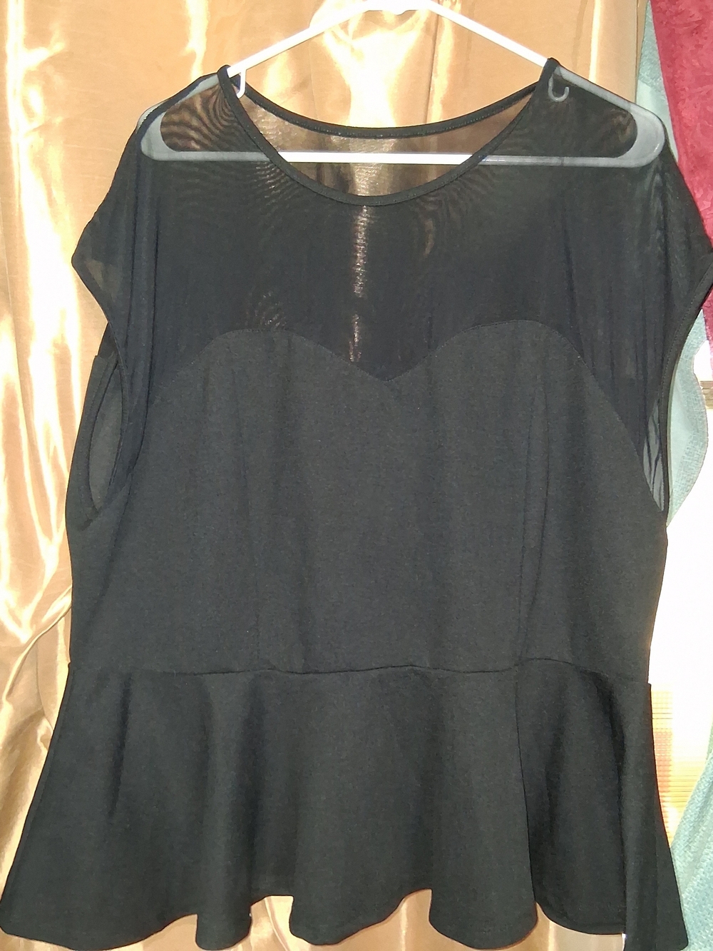 Womens Sleeveless  Black Peplum Top With Sheer Yoke Size 4XL